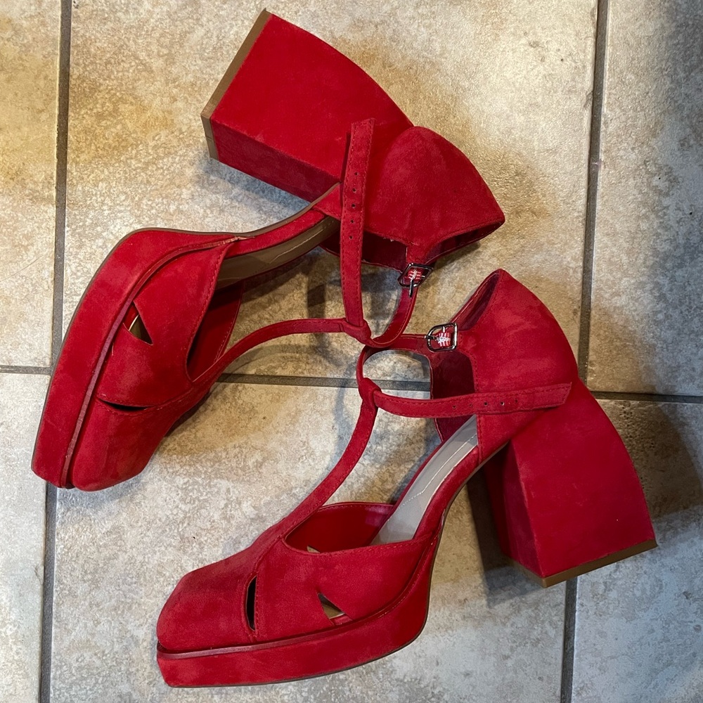 Red suede platform heels. So fun and comfortable